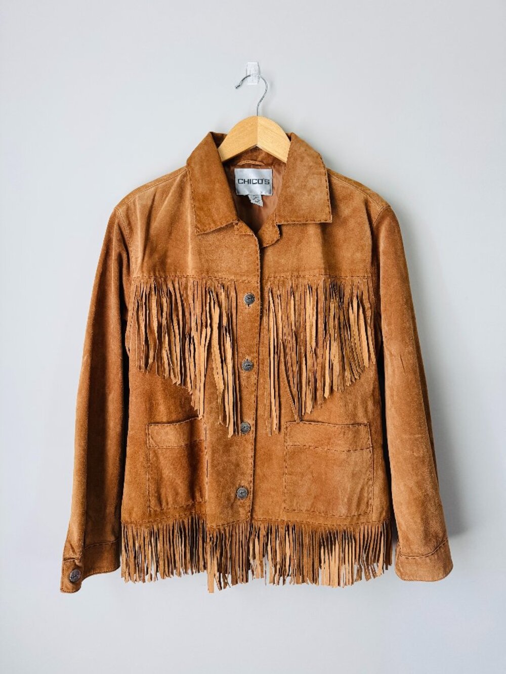 Chico's Vintage Leather Suede Collared Western Fringe Jacket Womens 1X Brown But